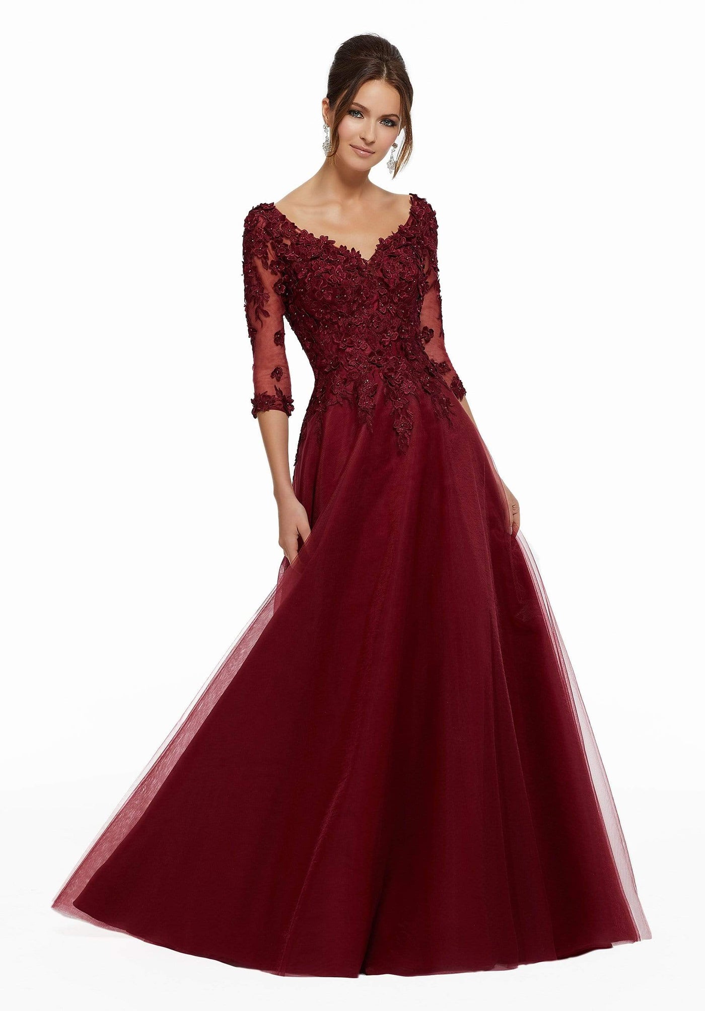 MGNY By Mori Lee - 72031 Floral Embroidered Tulle A-line Gown Mother of the Bride Dresses 0 / Wine