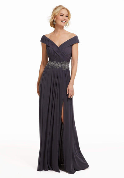 MGNY By Mori Lee - 72035 Ruched Off-Shoulder Dress with Slit Evening Dresses 0 / Charcoal