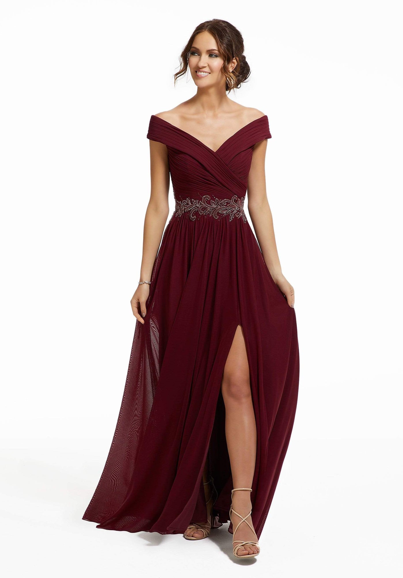 MGNY By Mori Lee - 72035 Ruched Off-Shoulder Dress with Slit Evening Dresses 0 / Wine