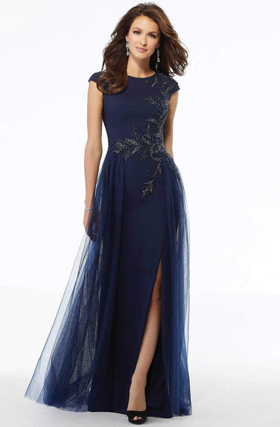 MGNY By Mori Lee - 72102 Jewel Sheath Dress with Overskirt Mother of the Bride Dresses 2 / Navy