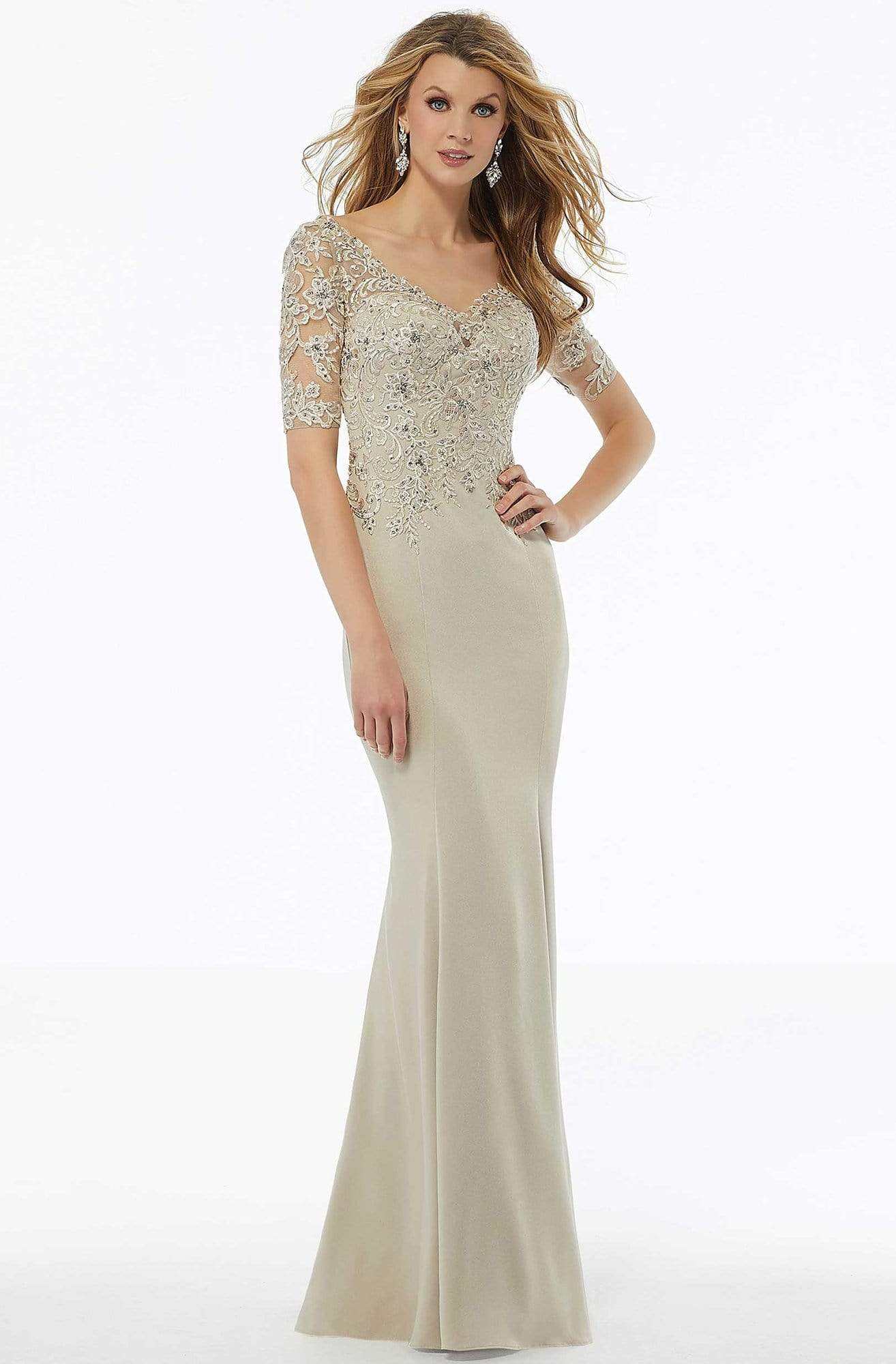 MGNY By Mori Lee - 72108 Beaded Lace Crepe Sheath Dress Mother of the Bride Dresses 2 / Champagne