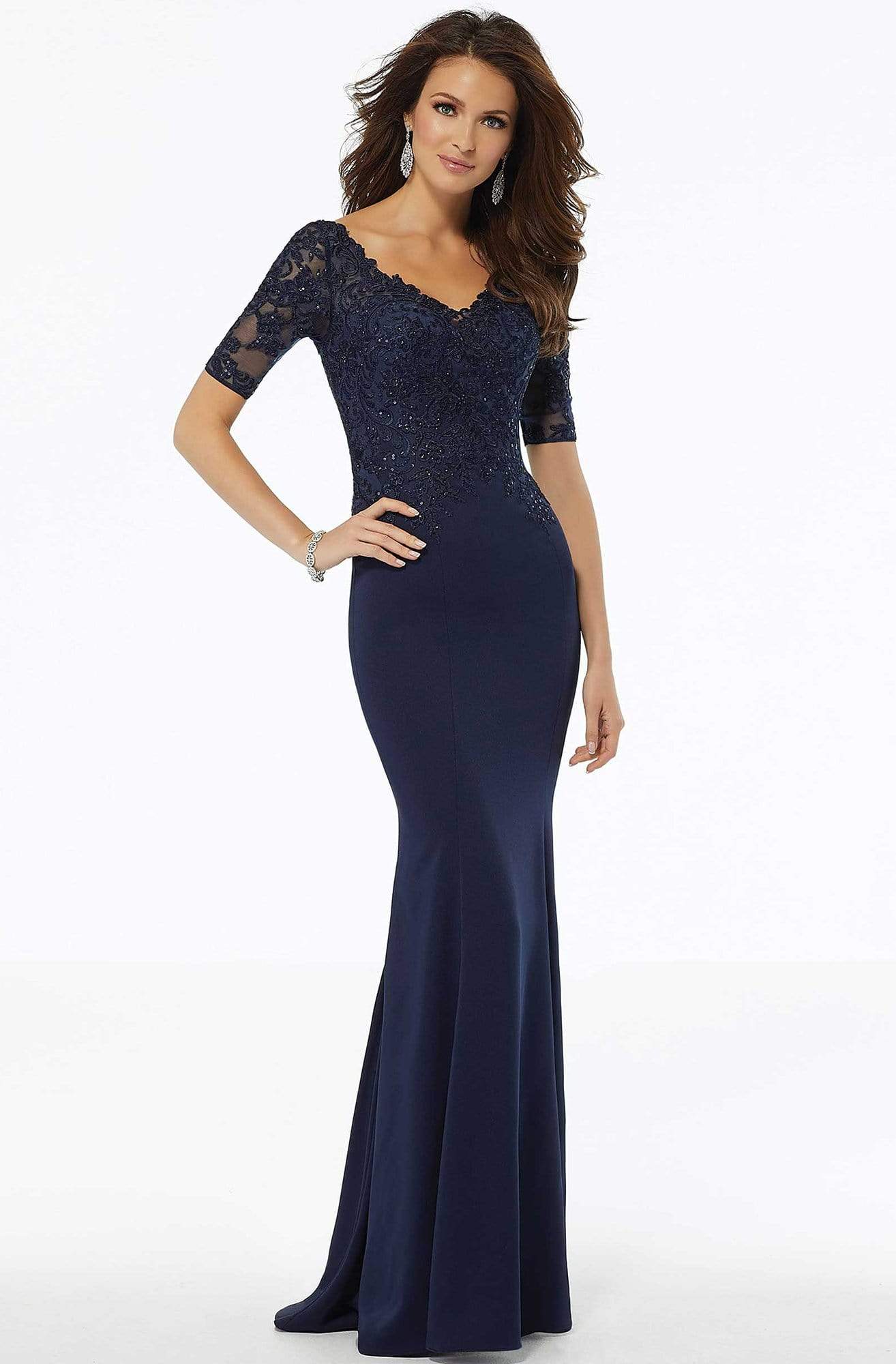 MGNY By Mori Lee - 72108 Beaded Lace Crepe Sheath Dress Mother of the Bride Dresses 2 / Navy