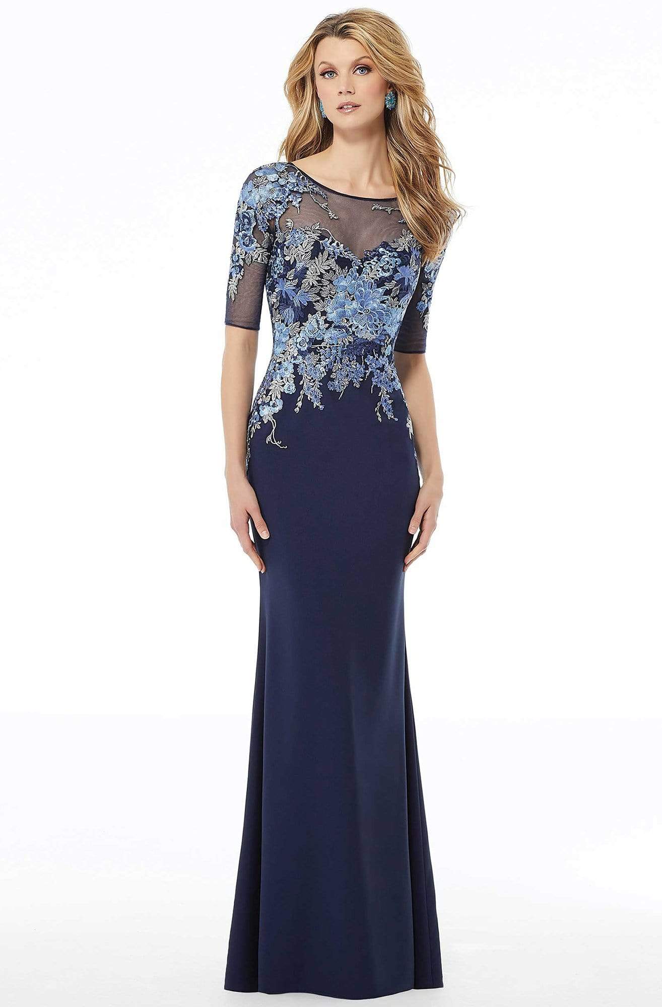 MGNY By Mori Lee - 72110 Embroidered Bateau Stretch Crepe Sheath Dress Mother of the Bride Dresses 2 / Navy