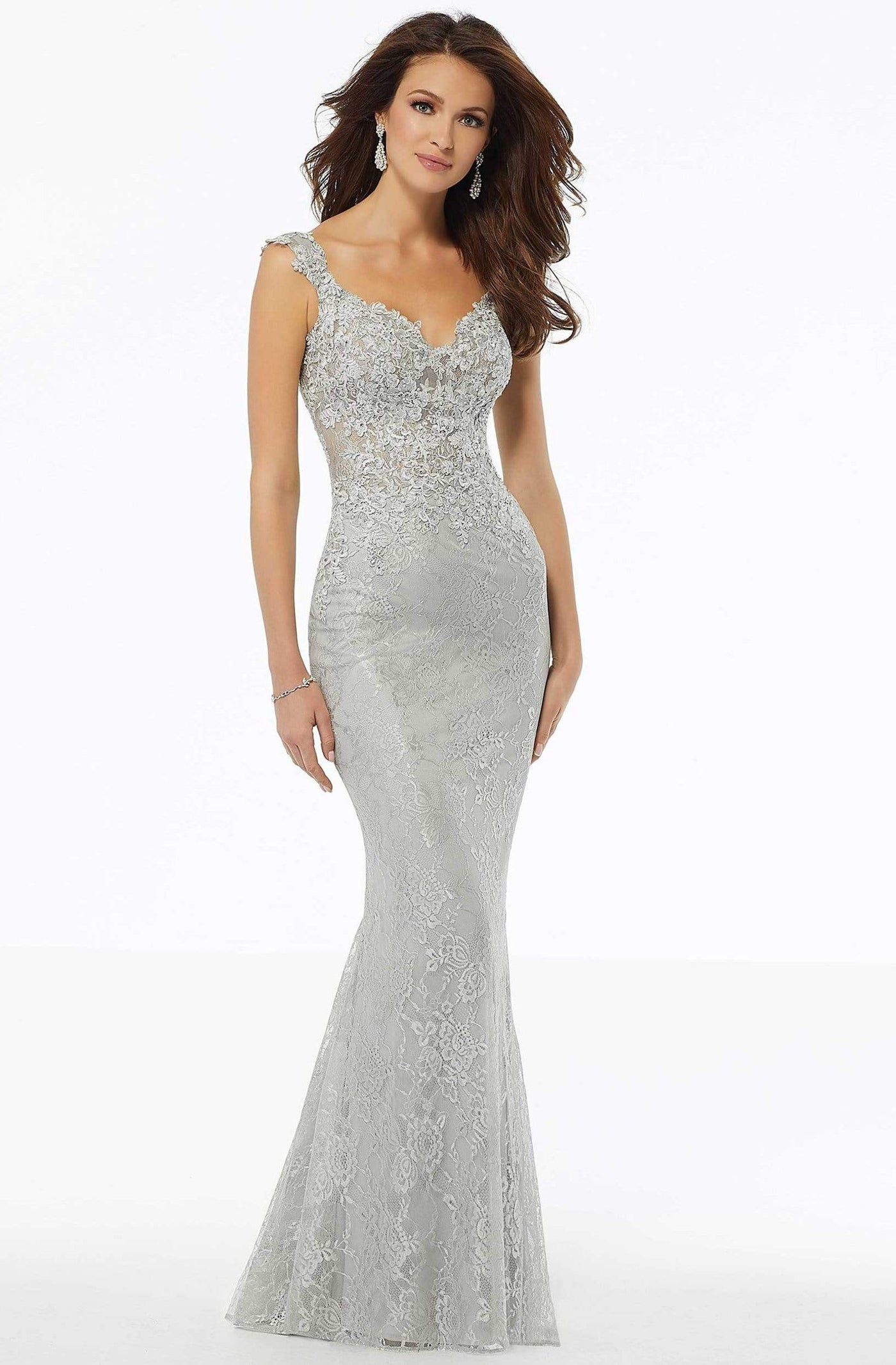 MGNY By Mori Lee - 72111 Beaded Lace Deep V-neck Trumpet Dress Mother of the Bride Dresses 2 / Silver