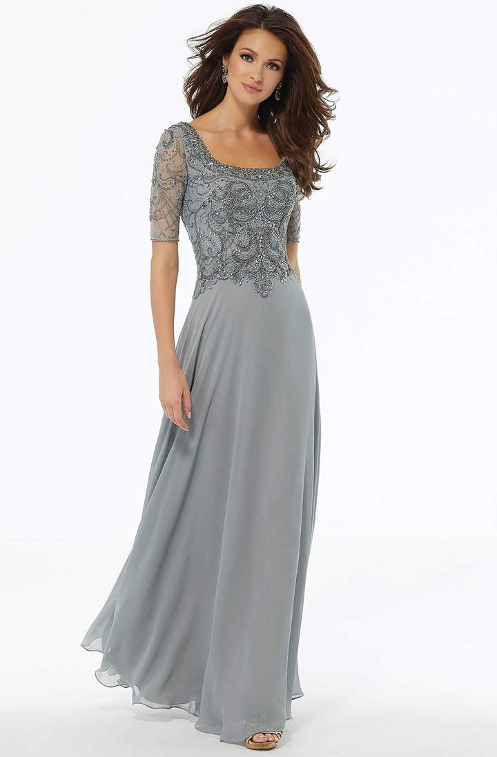 MGNY By Mori Lee - 72113SC Crystal Embellished Chiffon Dress In Silver