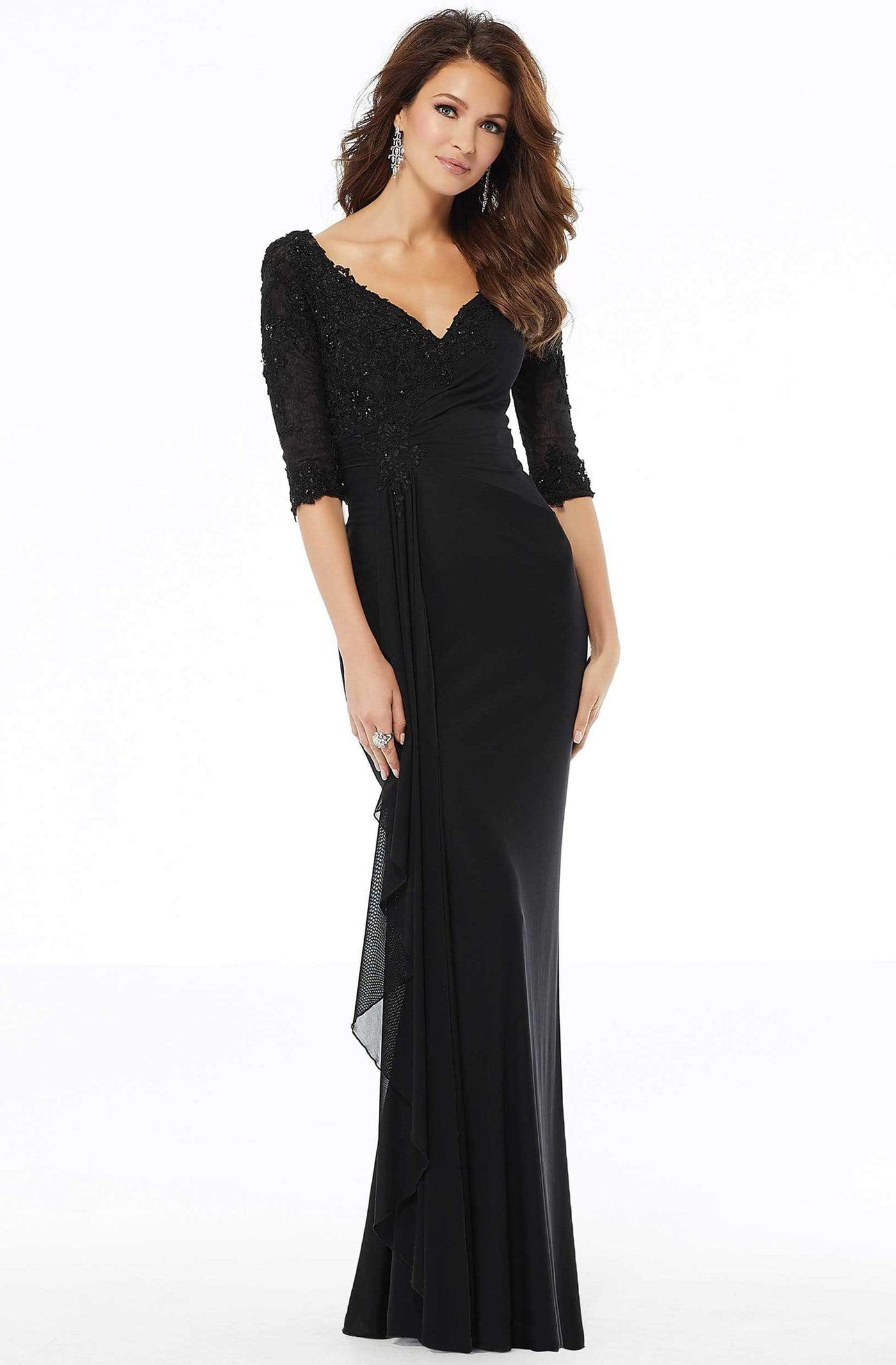 MGNY By Mori Lee - 72114 Beaded Lace Deep V-neck Sheath Dress Mother of the Bride Dresses 2 / Black