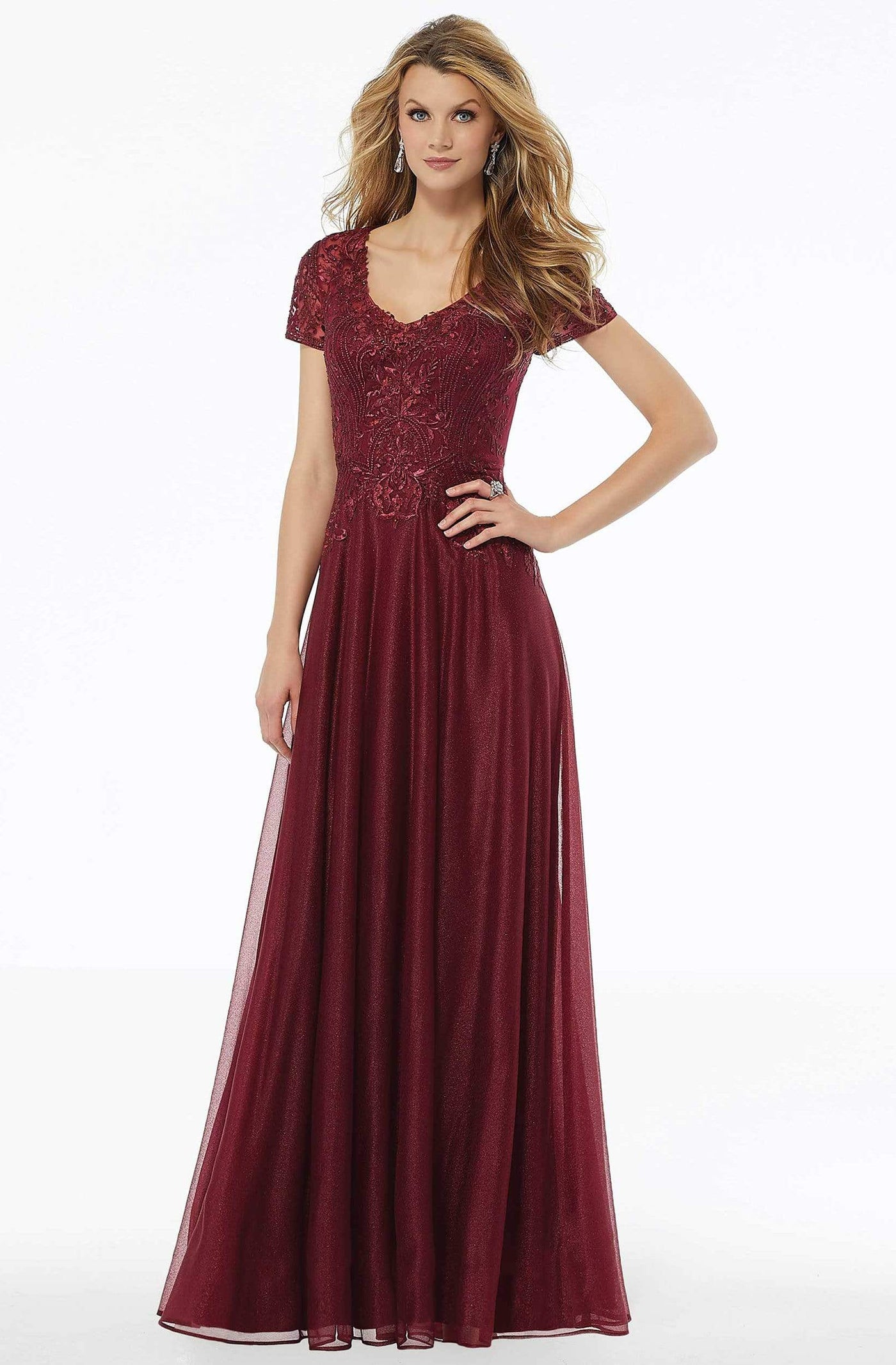 MGNY By Mori Lee - 72116 Bead Embroidered Deep V-neck A-line Dress Mother of the Bride Dresses 2 / Ruby
