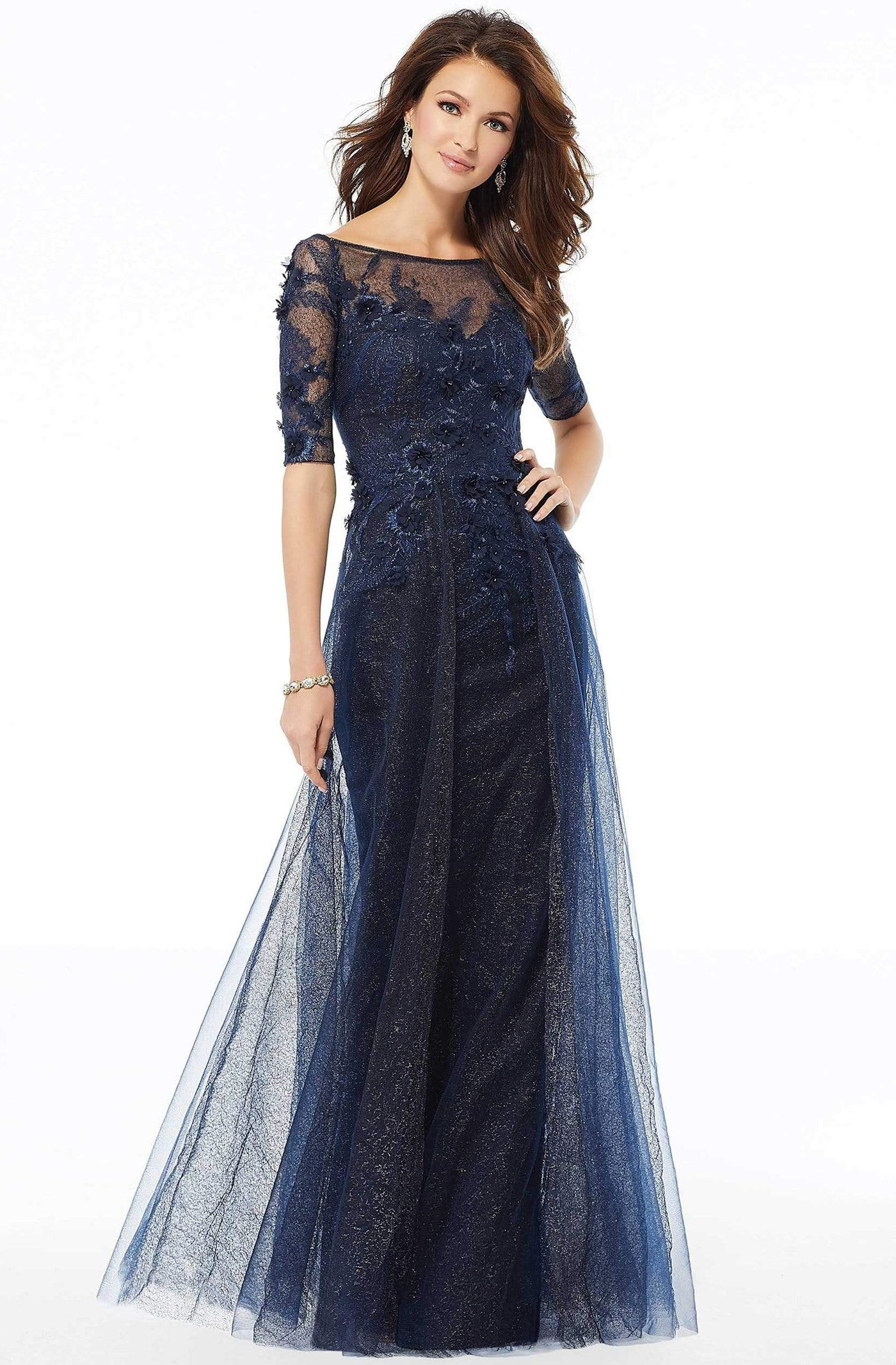 MGNY By Mori Lee - 72121 Floral Embroidered Bateau A-Line Dress Mother of the Bride Dresses 2 / Navy