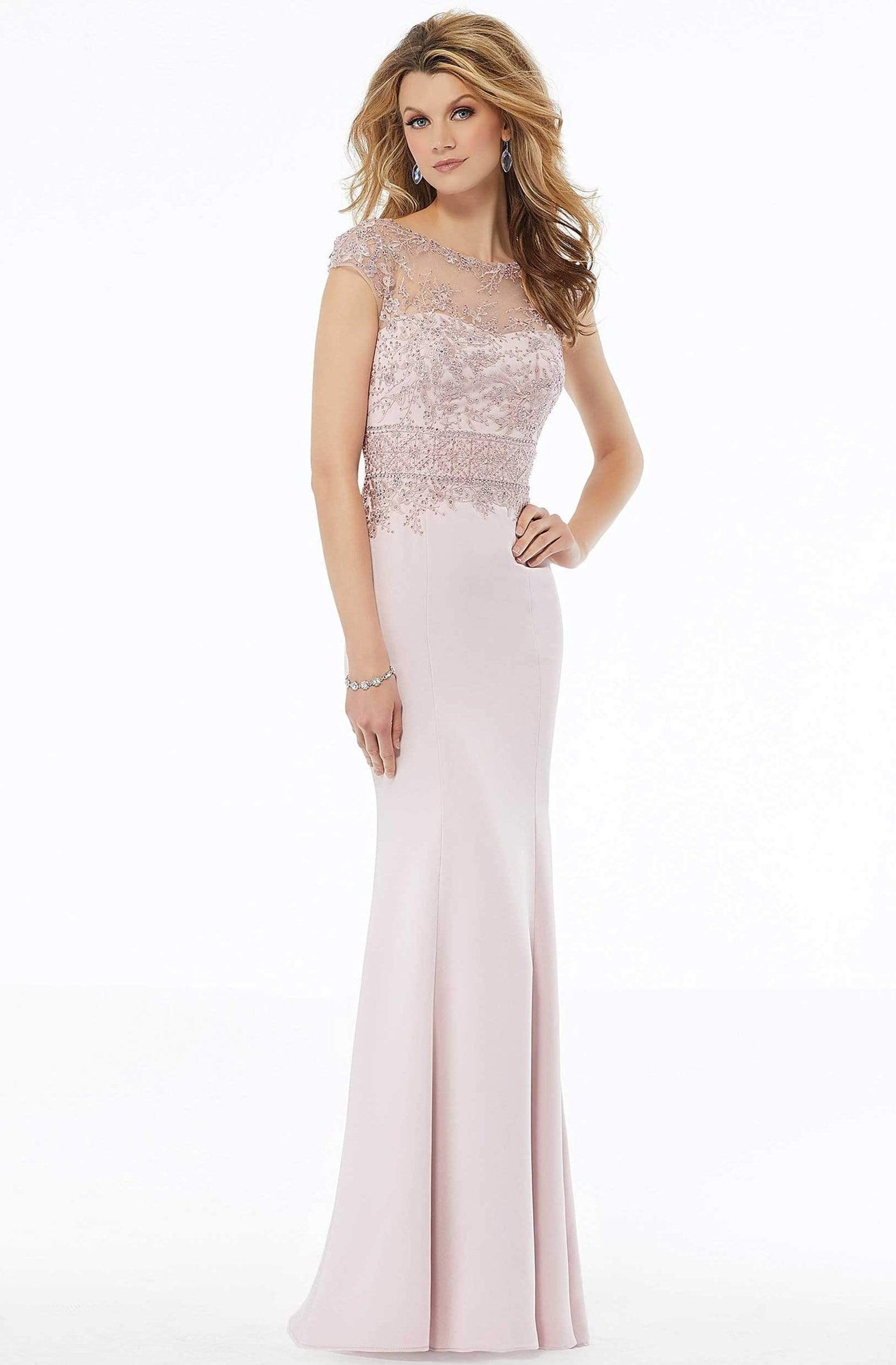 MGNY By Mori Lee - 72127 Embroidered Bateau Stretch Crepe Sheath Dress Mother of the Bride Dresses 2 / Blush