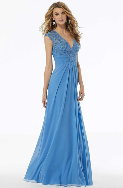 MGNY By Mori Lee - 72129 Beaded Lace Ruched Chiffon Dress Evening Dresses 2 / Blue