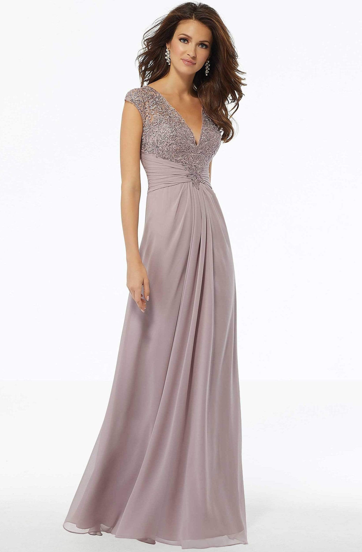 MGNY By Mori Lee - 72129 Beaded Lace Ruched Chiffon Dress Evening Dresses 2 / Dusty Lilac