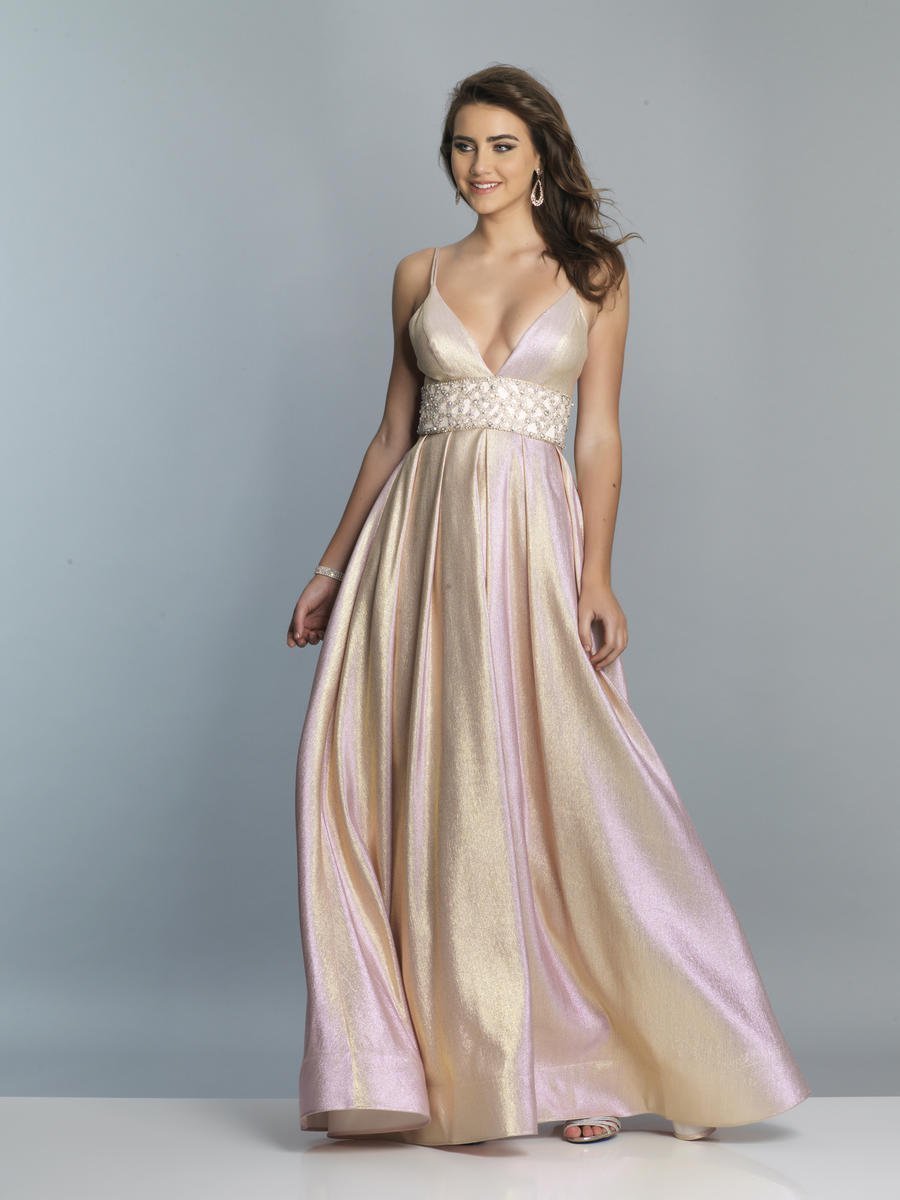 Dave & Johnny - Beaded Waist Deep V-neck A-line Dress A7229  In Pink and Gold