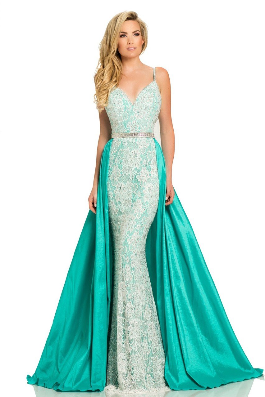 Johnathan Kayne - 7242 Embellished V-neck Sheath Dress in White and Green