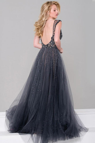 Jovani - Embellished Column Dress with Tulle Overlay JVN46081 in Gray