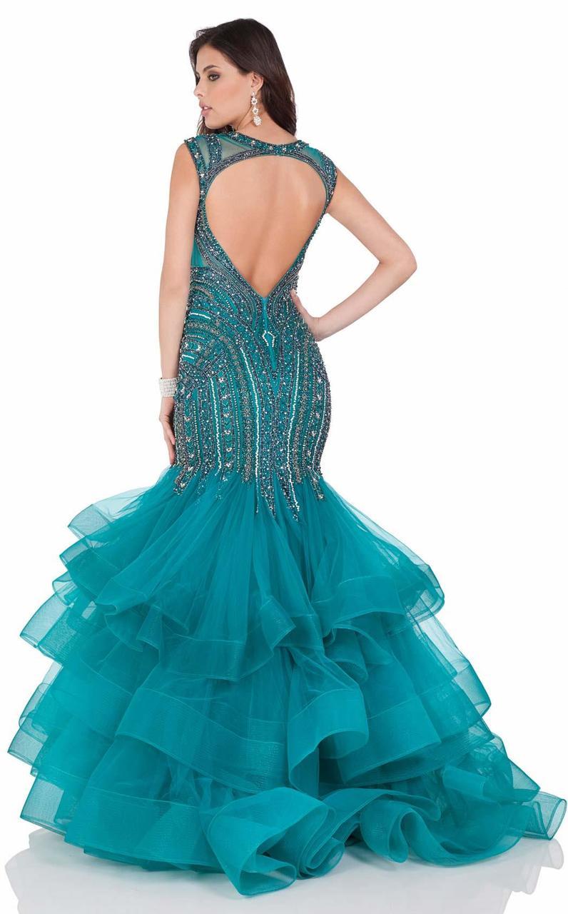 Terani Couture - Ostentatious V-Neck Ruffled Mermaid Gown 1622GL1990 In Blue and Green