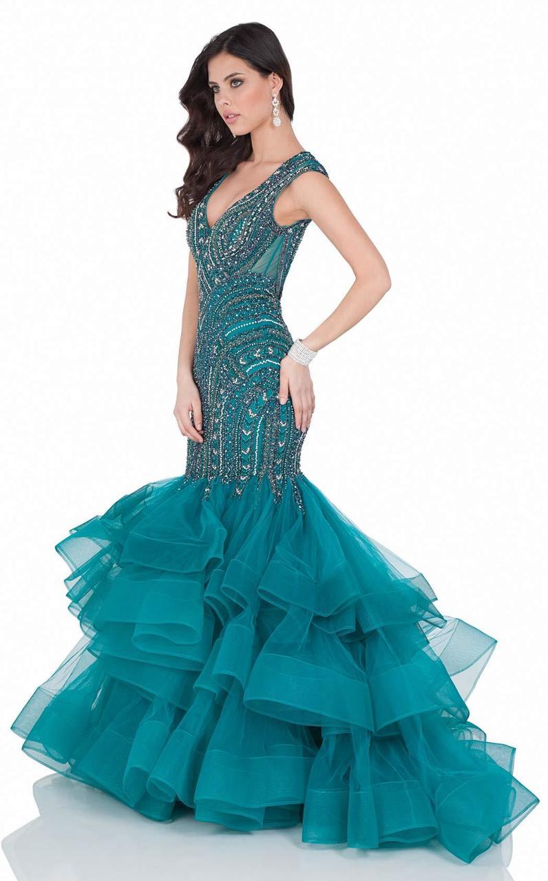 Terani Couture - Ostentatious V-Neck Ruffled Mermaid Gown 1622GL1990 In Blue and Green