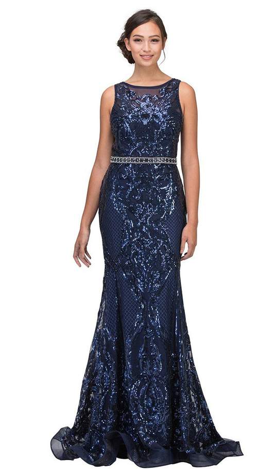Eureka Fashion - 7335SC Sequin Embellished Full Length Dress In Blue  
