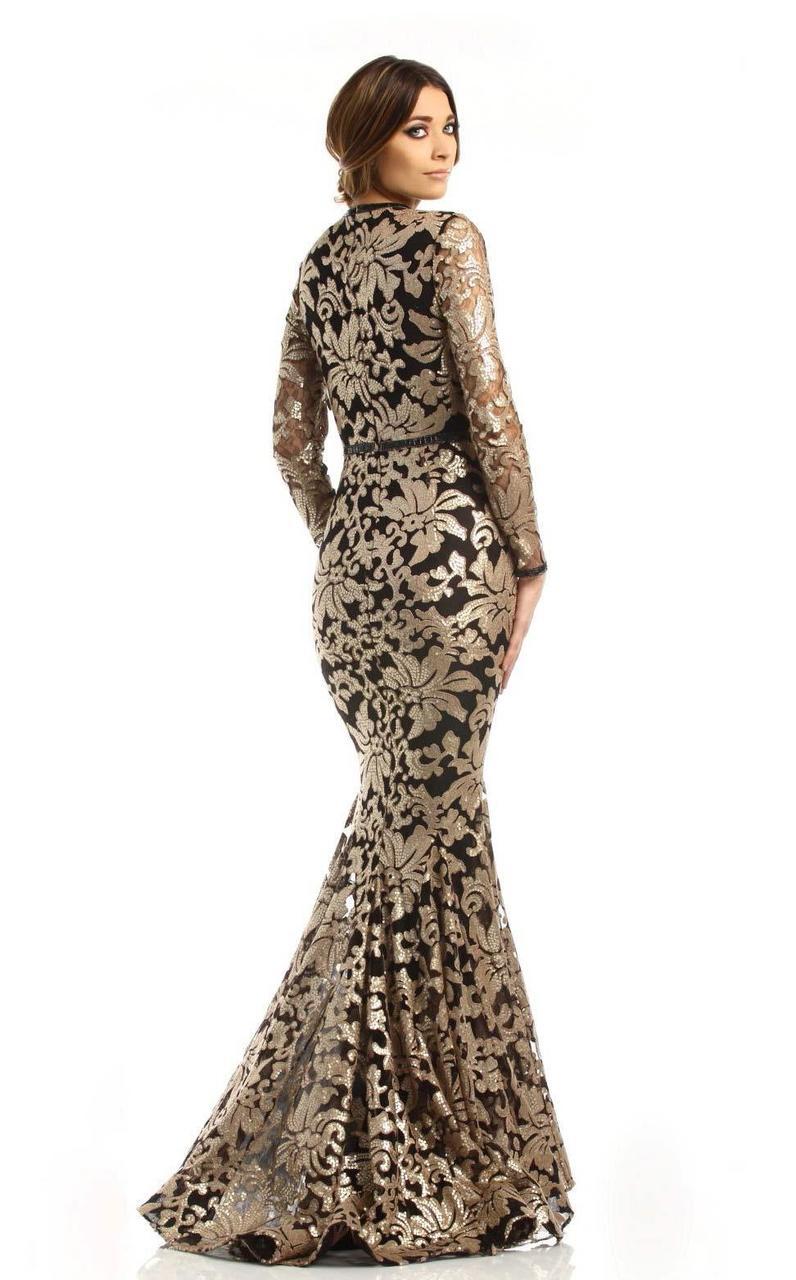 Johnathan Kayne - 6113 Sequined Deep V-neck Mermaid Dress in Black and Gold