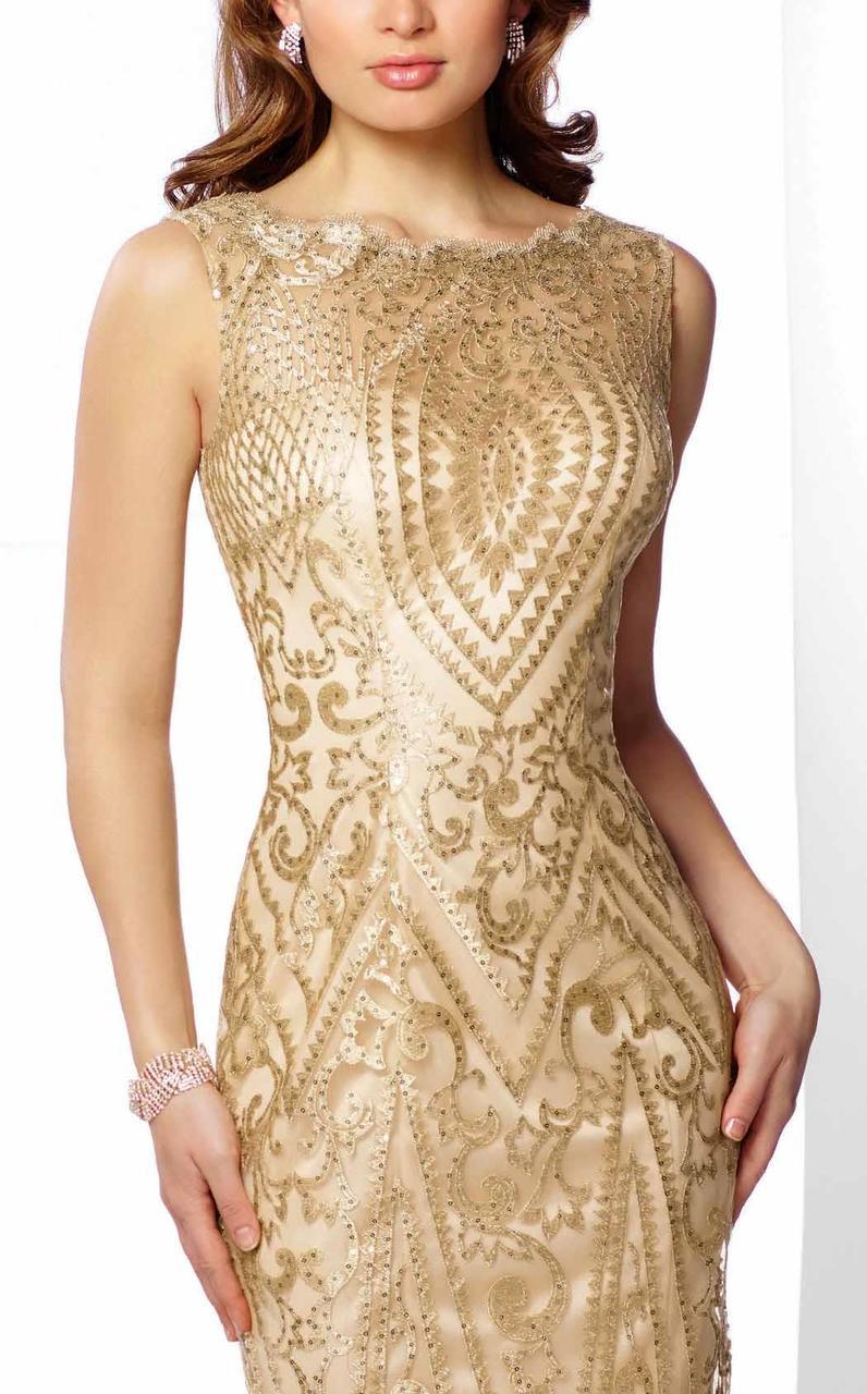 Social Occasions - Sleeveless Sequined Illusion Bateau Neck Dress 216871 in Gold