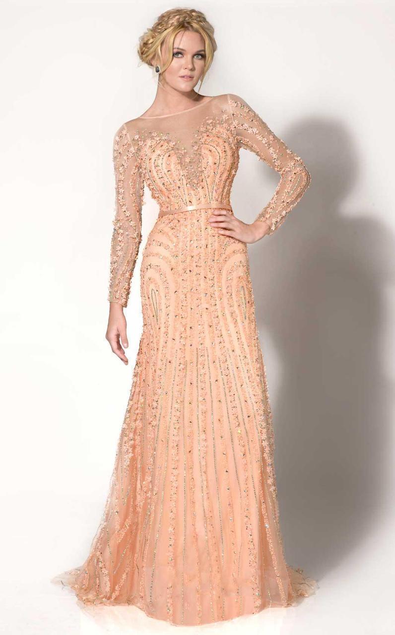 MNM Couture - 10836 Illusion Bateau Neck A-Line Dress in Orange