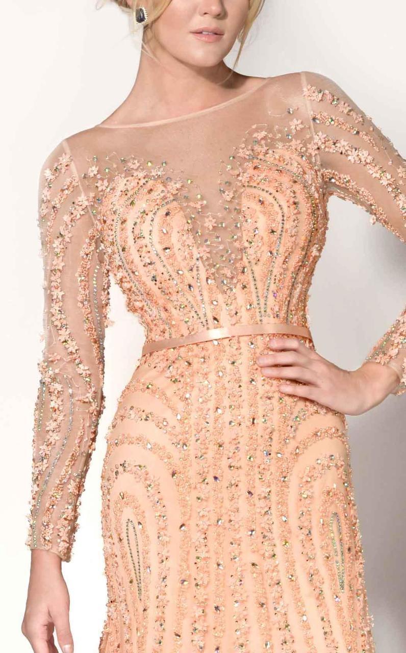 MNM Couture - 10836 Illusion Bateau Neck A-Line Dress in Orange