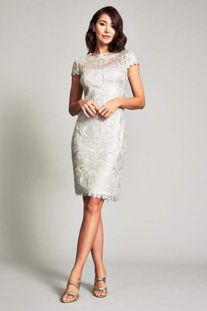 Tadashi Shoji - Embroidered Lace Bateau Fitted Dress Wedding Guest 00 / Silver