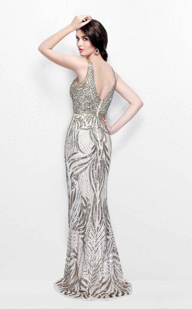 Primavera Couture - Jewel Embellished V-Neck Sheath Dress 1727 in Neutral and Silver