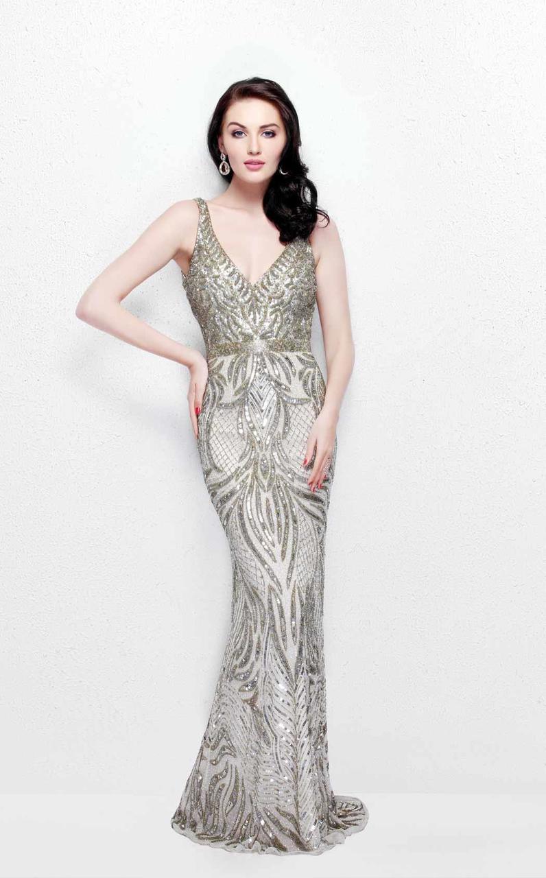 Primavera Couture - Jewel Embellished V-Neck Sheath Dress 1727 in Neutral and Silver