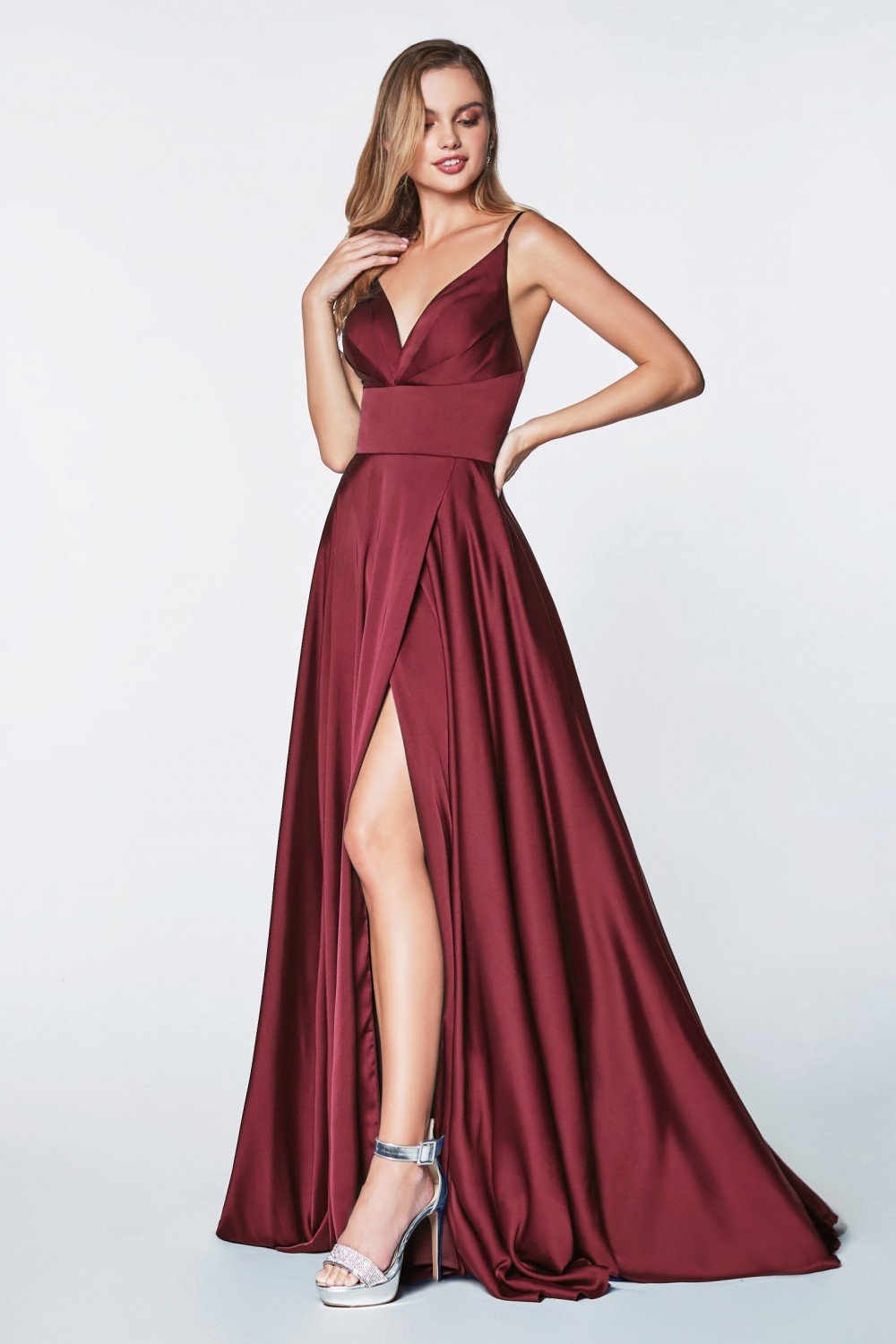 Cinderella Divine - 7472 V Neck Pleated Bodice High Slit Wrap Satin Gown In Red