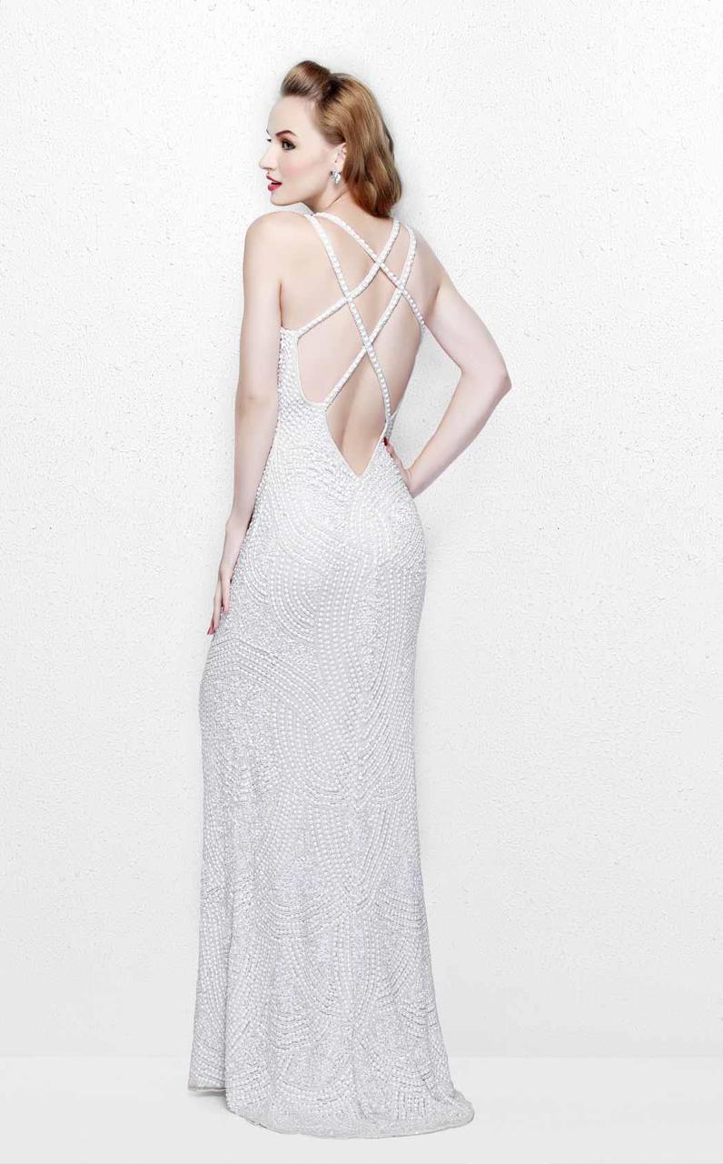 Primavera Couture - Bead Embellished V-Neck Sheath Dress 1813 in White