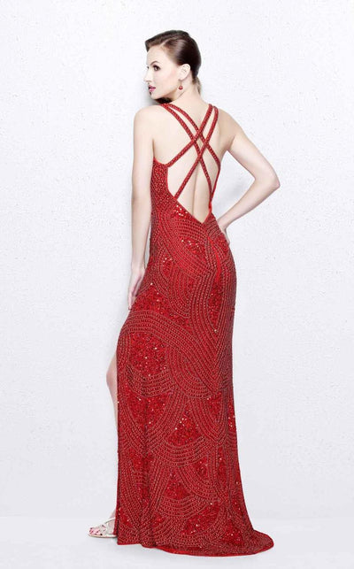 Primavera Couture - Bead Embellished V-Neck Sheath Dress 1813 in Red