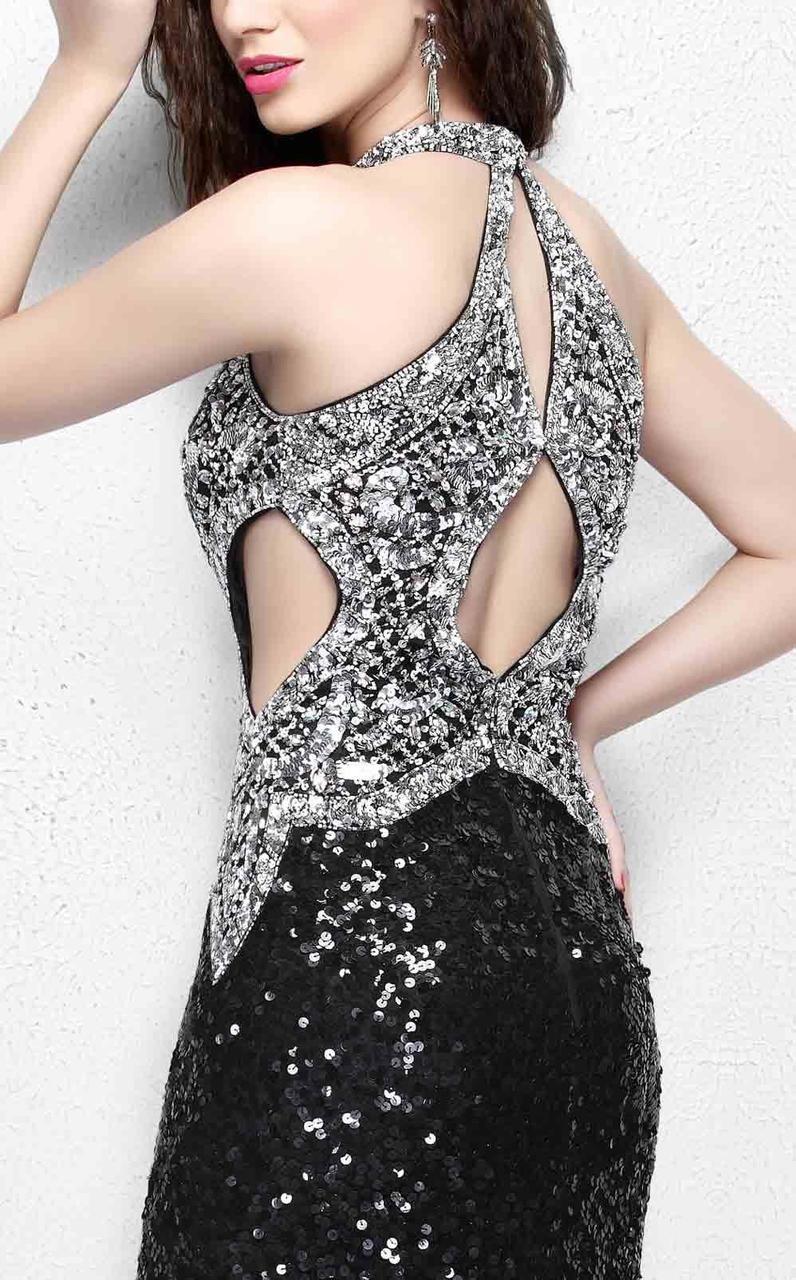 Primavera Couture - Sequined Halter Long Gown with Slit 1842 in Black and Silver