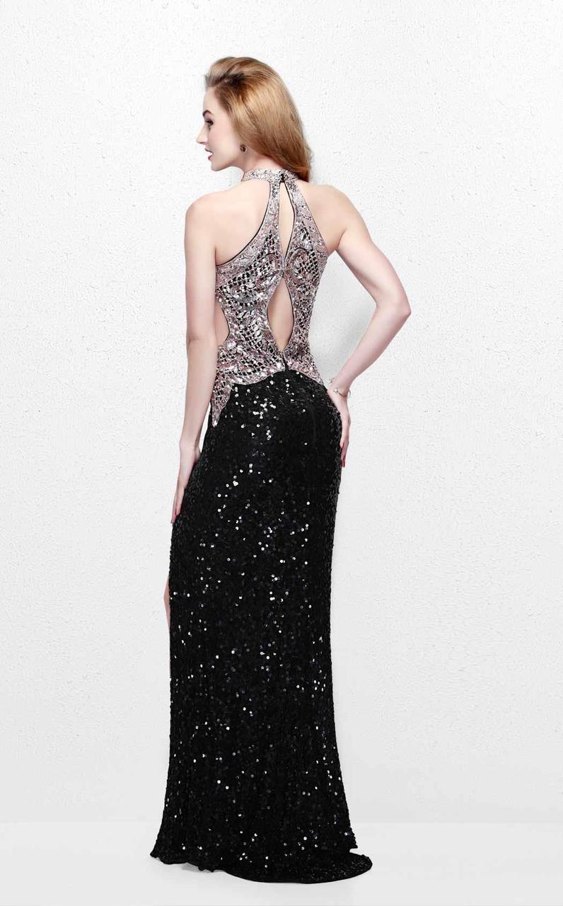 Primavera Couture - Sequined Halter Long Gown with Slit 1842 in Black and Pink