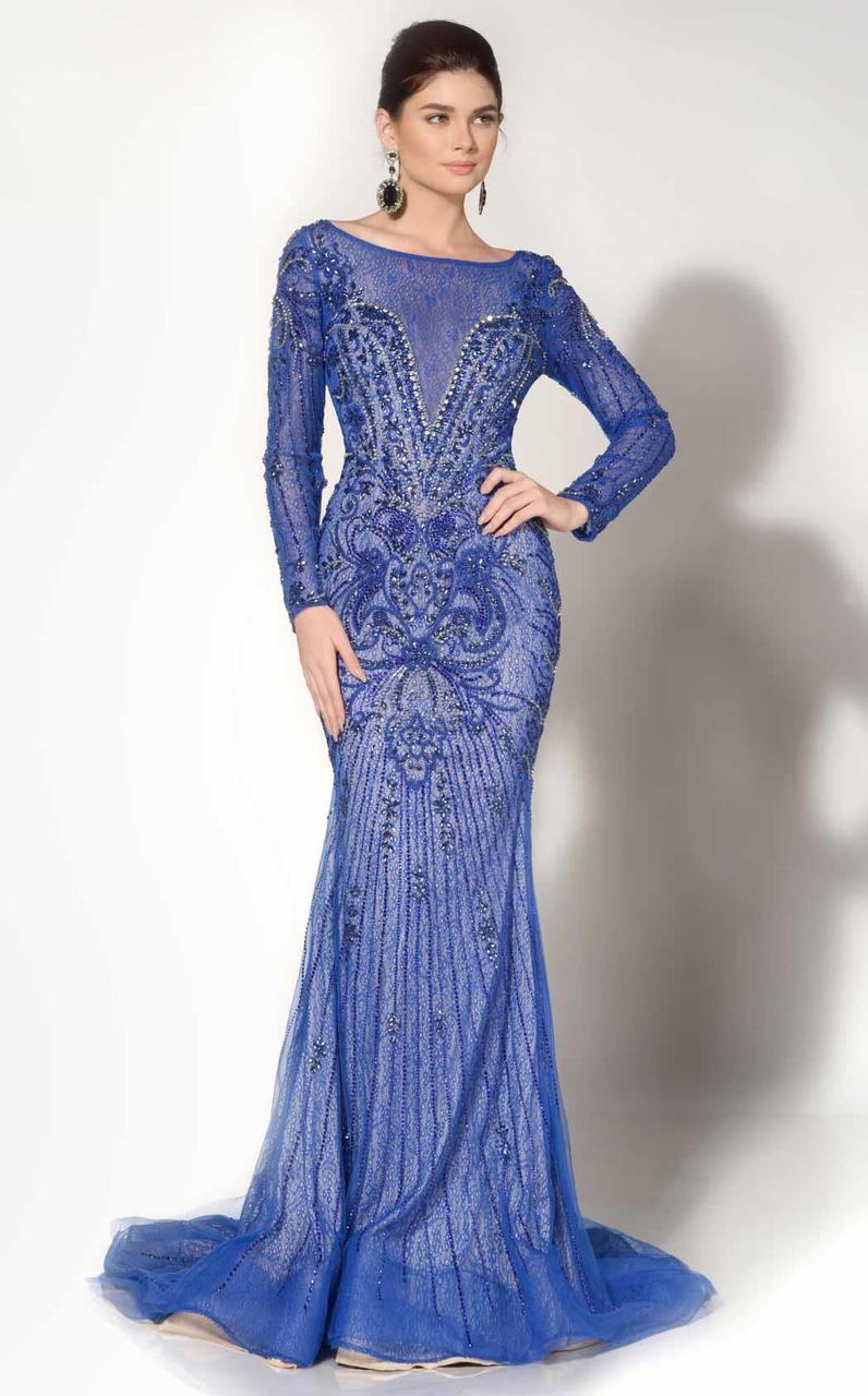 MNM Couture - 10593 Bejeweled Illusion Bateau Trumpet Dress in Blue