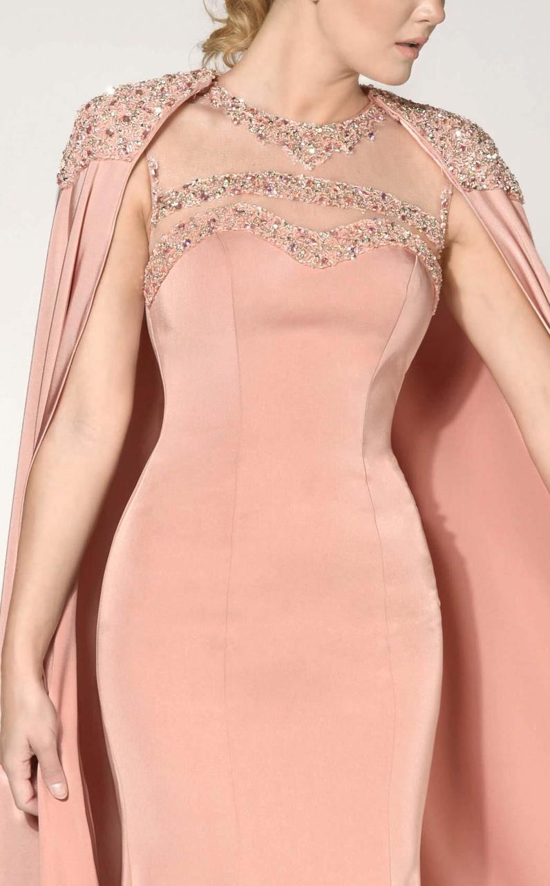 MNM Couture - 10840 Embellished Illusion Caped Gown in Pink