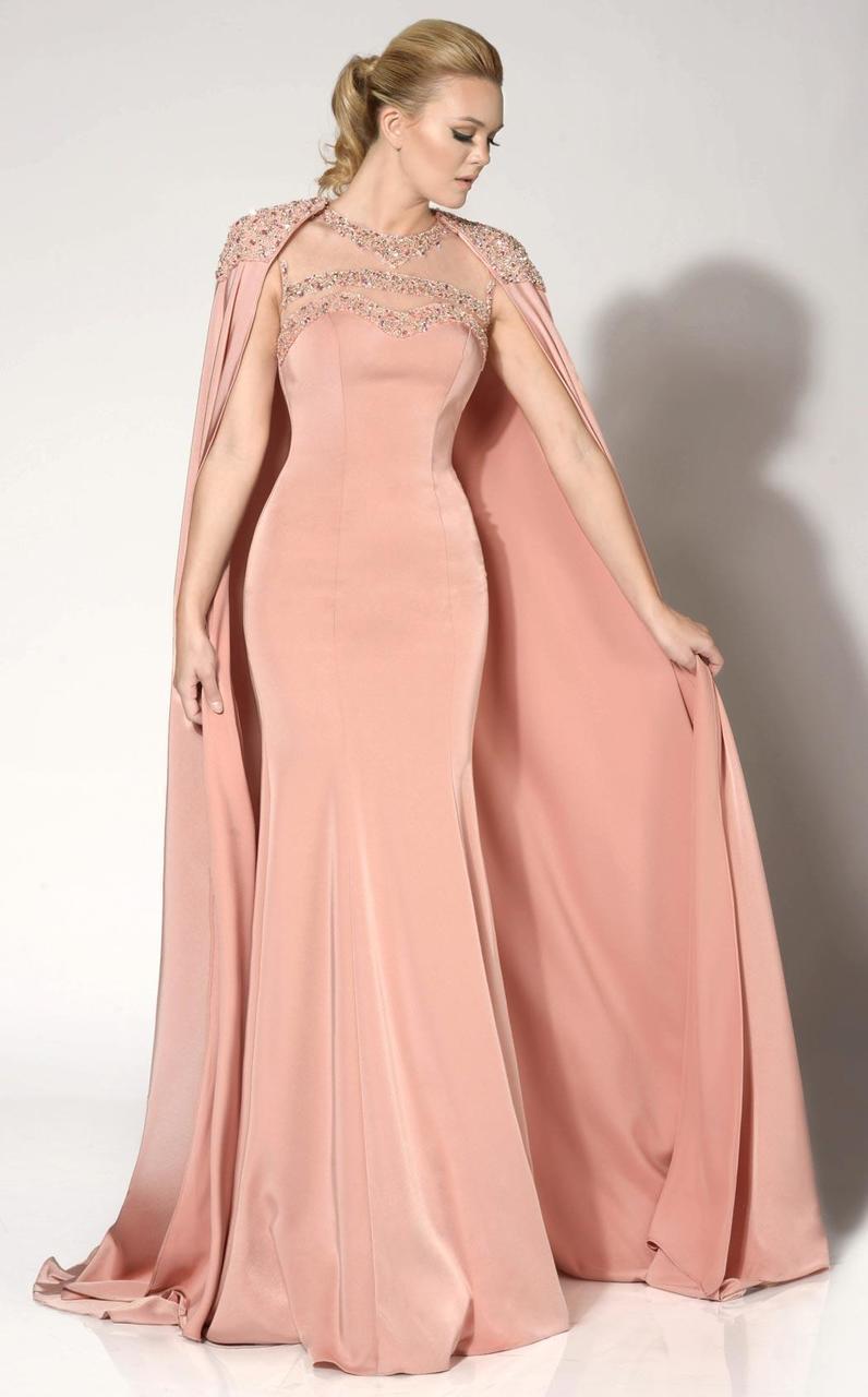 MNM Couture - 10840 Embellished Illusion Caped Gown in Pink