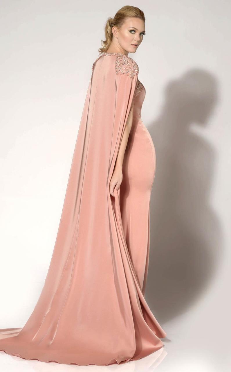 MNM Couture - 10840 Embellished Illusion Caped Gown in Pink