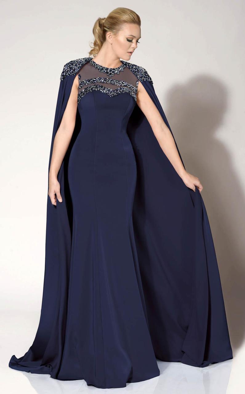MNM COUTURE - 10840 Embellished Fitted Bodice Caped Dress