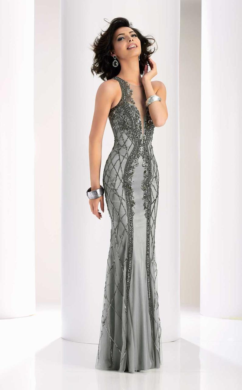Clarisse - 4831 Illusion Jewel Beaded Gown| in Gray