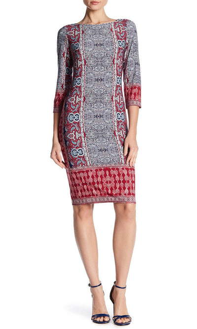 London Times - T3061M Multi-Print Quarter Sleeve Shift Dress In Red and Blue