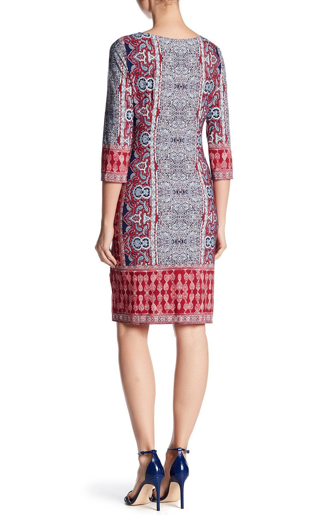 London Times - T3061M Multi-Print Quarter Sleeve Shift Dress In Red and Blue