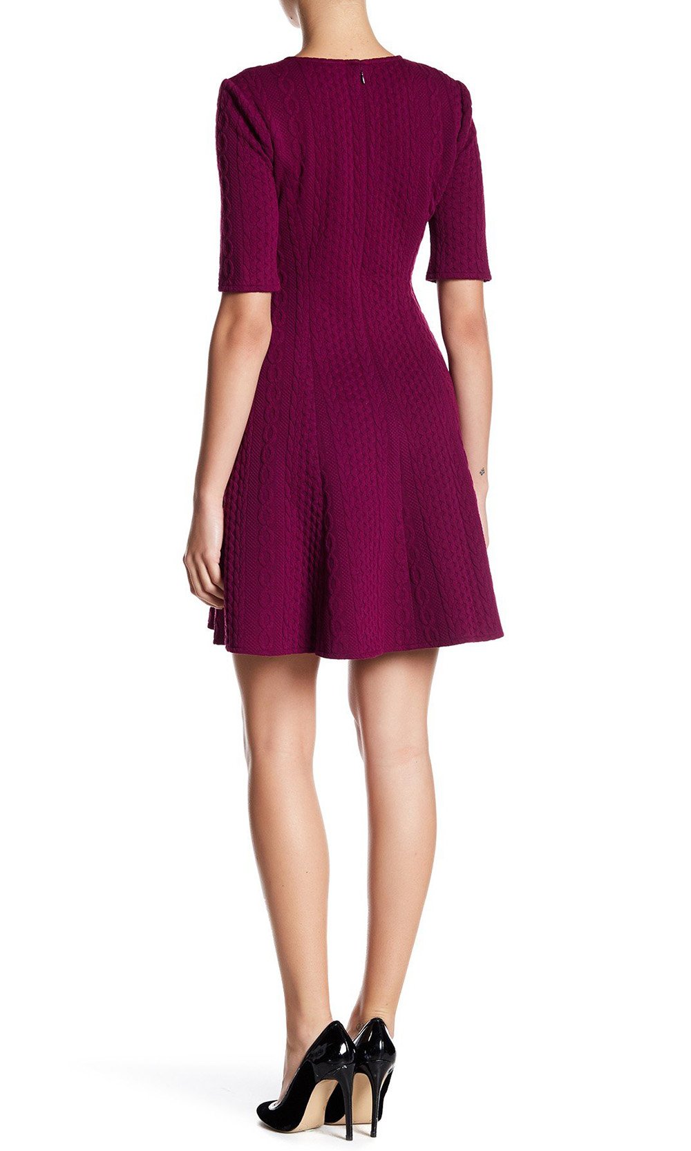 London Times - T3002M Cable Stripe Knit A-Line Dress In Purple and Red