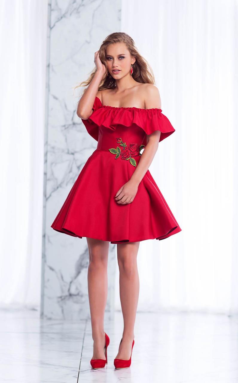 Tarik Ediz - Off-Shoulder A-line Dress 50033 in Red