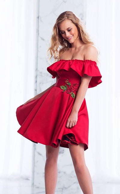 Tarik Ediz - Off-Shoulder A-line Dress 50033 in Red