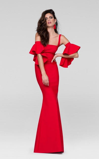 Tarik Ediz - Fitted Gown with Bell Sleeves Armband 50041 in Red