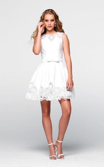 Tarik Ediz - Lace Jewel Neck A-line Dress 50048 in White