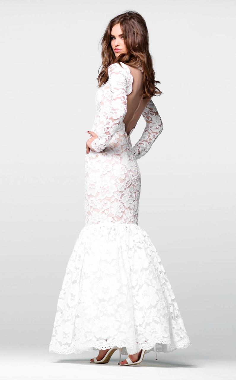 Tarik Ediz - Lace Illusion High Neck Mermaid Dress 50050 in White