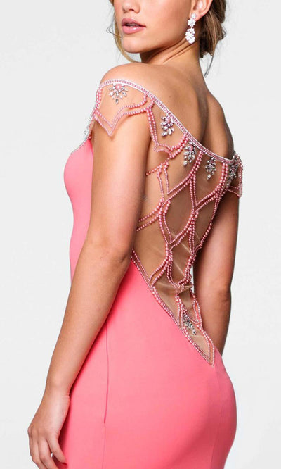 Tarik Ediz - 50057SC Pearl Accented Fitted Alluring Dress In Pink