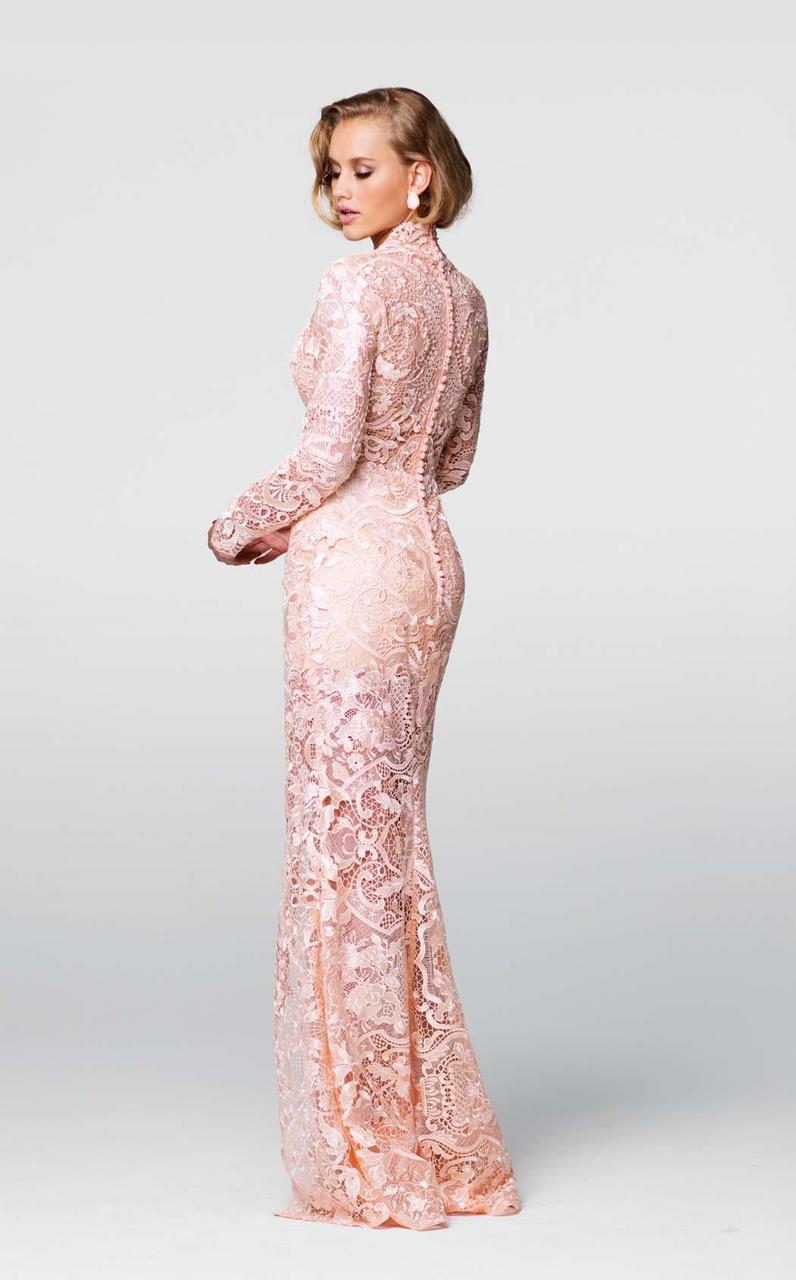 Tarik Ediz - Lace V-neck Sheath Dress 50058 in Pink and Neutral