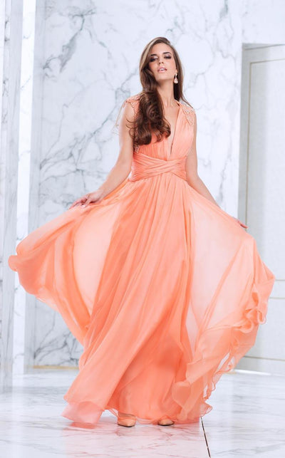 Tarik Ediz - Pearl Accented A-line Dress 50060 in Orange